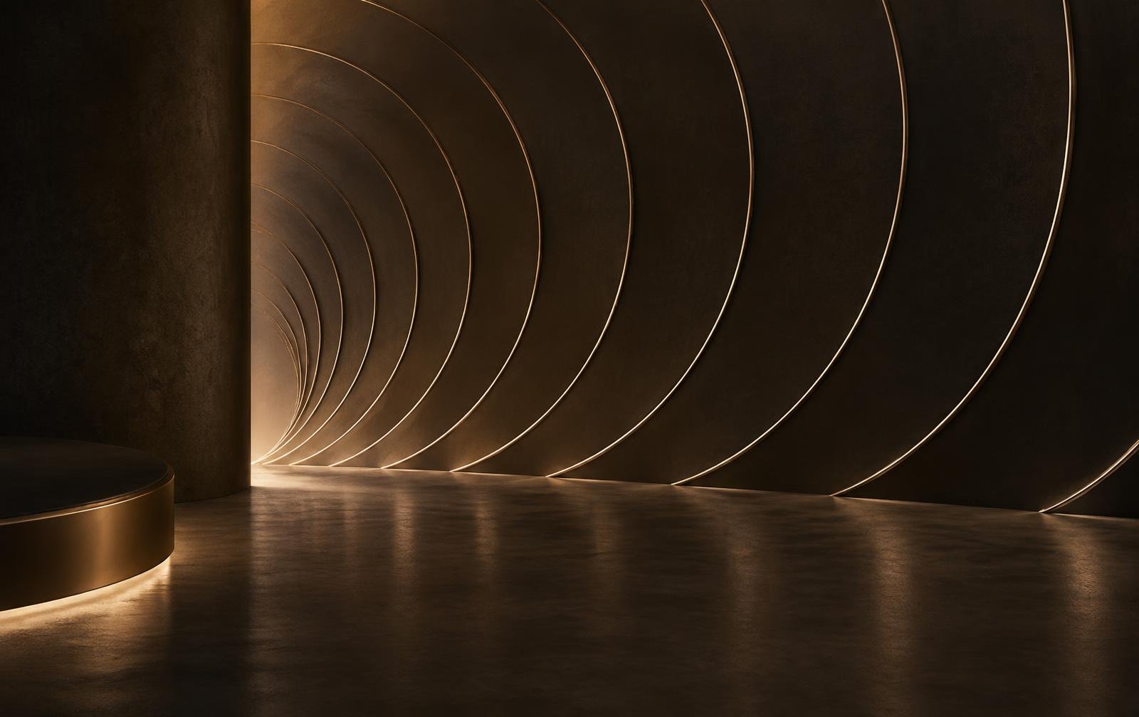 Warm light reaching outward through fine expanding arcs